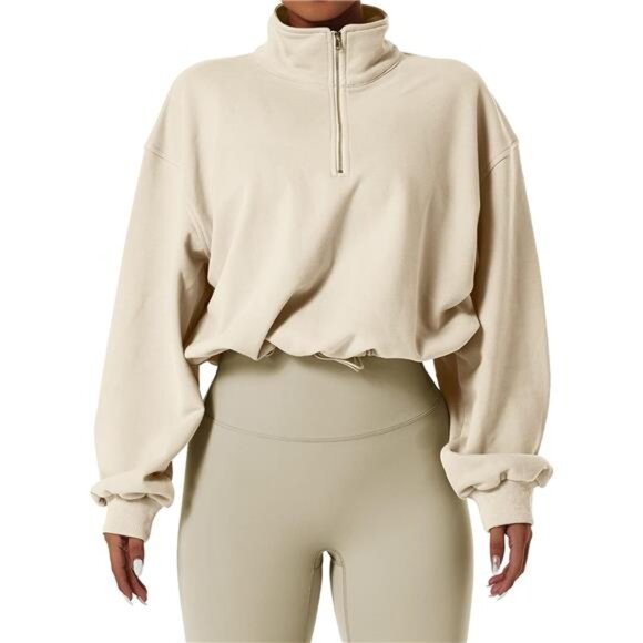 Women's Half Zip High Neck Crop Sweatshirt Long Sleeve Pullover Athletic Top - Picture 1 of 8